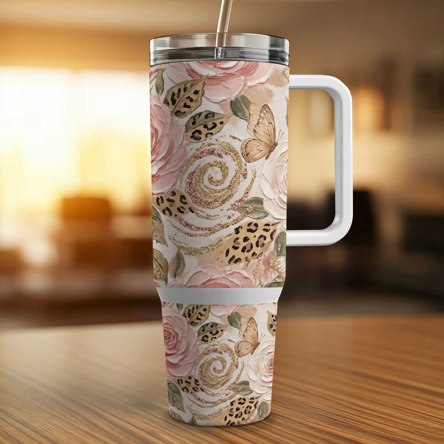 Floral and leopard print tumbler with handle and straw, featuring butterflies.
