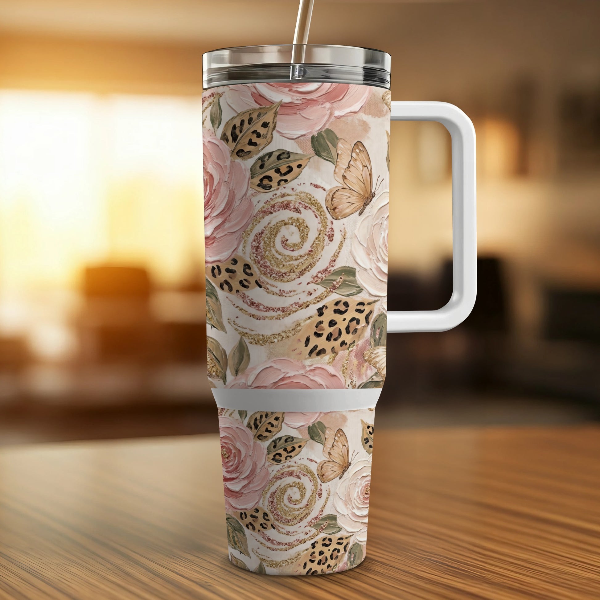 Floral and leopard print tumbler with handle and straw, featuring butterflies.