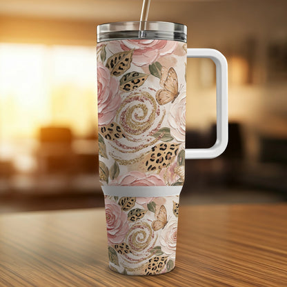 Floral and leopard print tumbler with handle and straw, featuring butterflies.