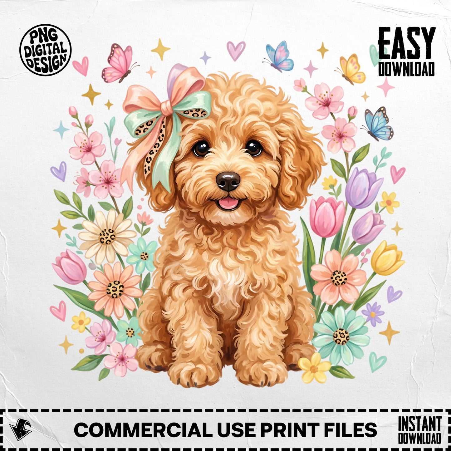 Fluffy goldendoodle puppy with pink bow surrounded by flowers and butterflies.