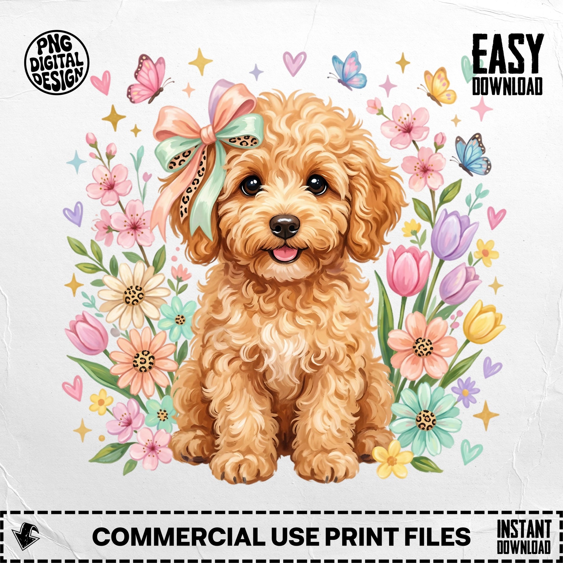 Fluffy goldendoodle puppy with pink bow surrounded by flowers and butterflies.