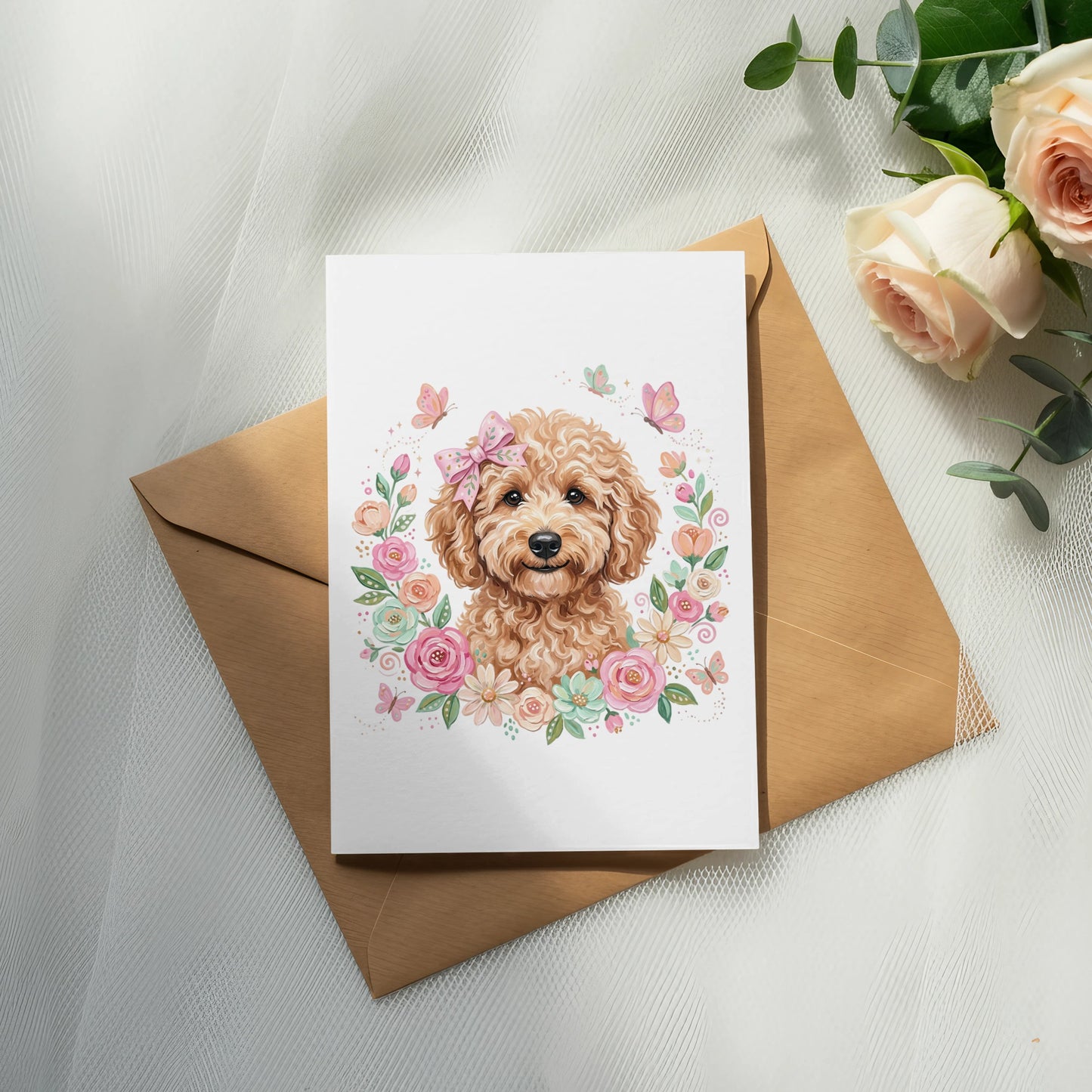 Card featuring a curly-haired dog surrounded by flowers and butterflies.