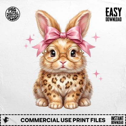 Cute bunny with glasses and pink bow, leopard spots.