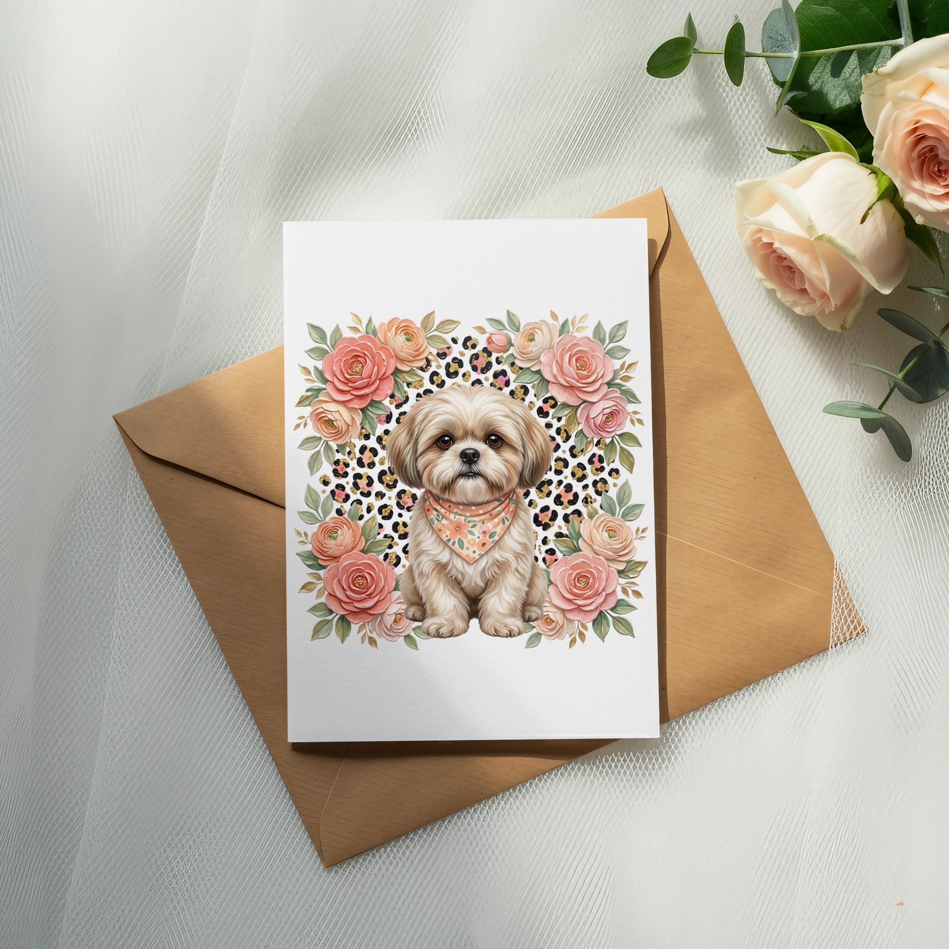 Shih Tzu dog wearing bandana surrounded by flowers on a card.