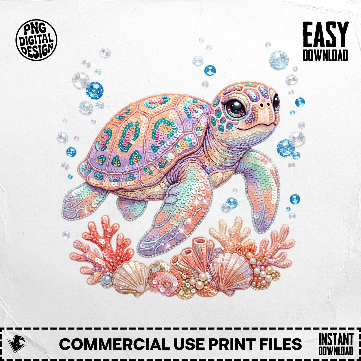 Whimsical sea turtle with colorful shell surrounded by coral and seashells.