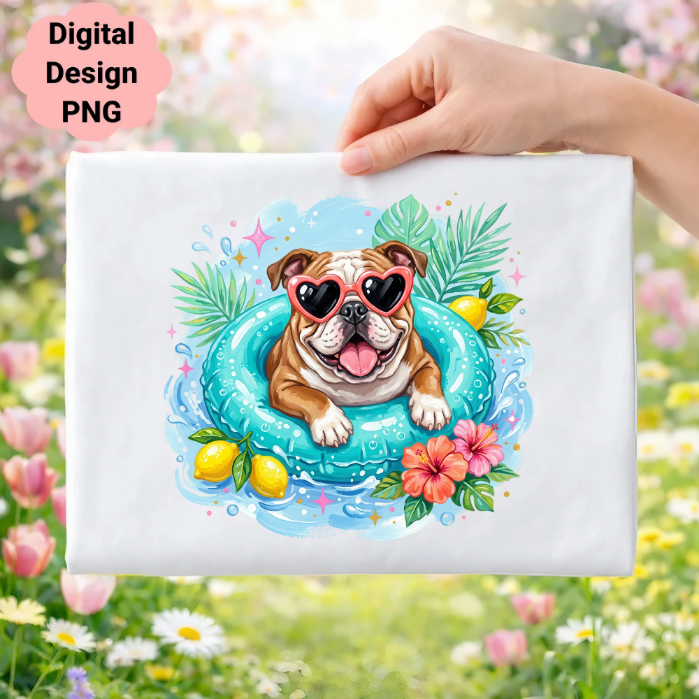 Bulldog in heart sunglasses floats in a tropical pool with lemons and flowers.