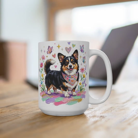 Corgi wearing a bandana and surrounded by flowers and butterflies.