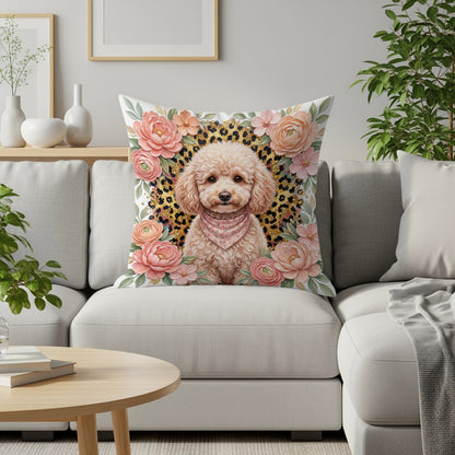Pillow featuring a poodle wearing a bandana on a leopard print background.