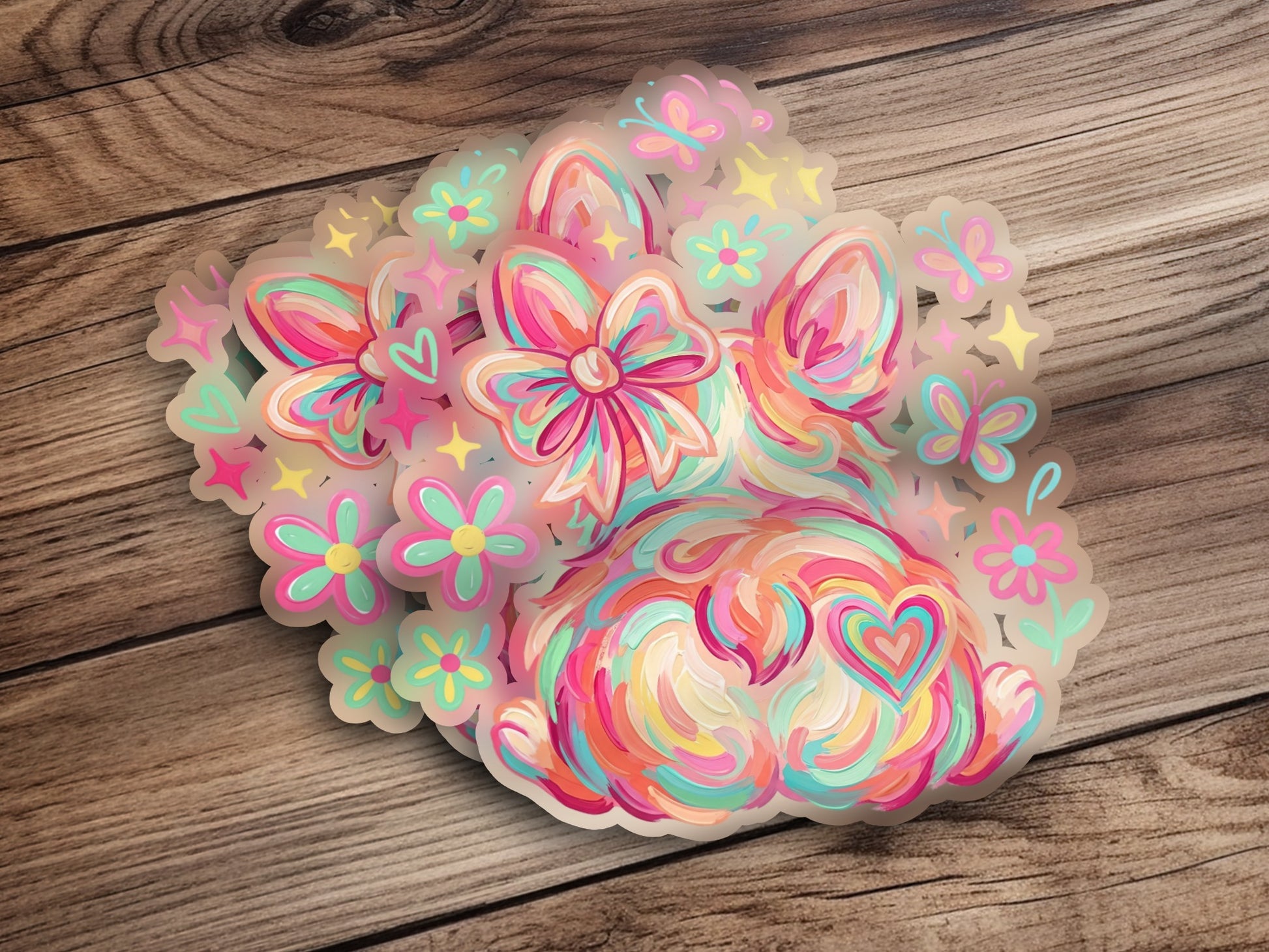 Colorful glitter sticker with a bunny, flowers, and butterflies.