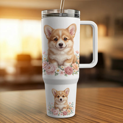 White tumbler with a smiling corgi and pink flowers design.