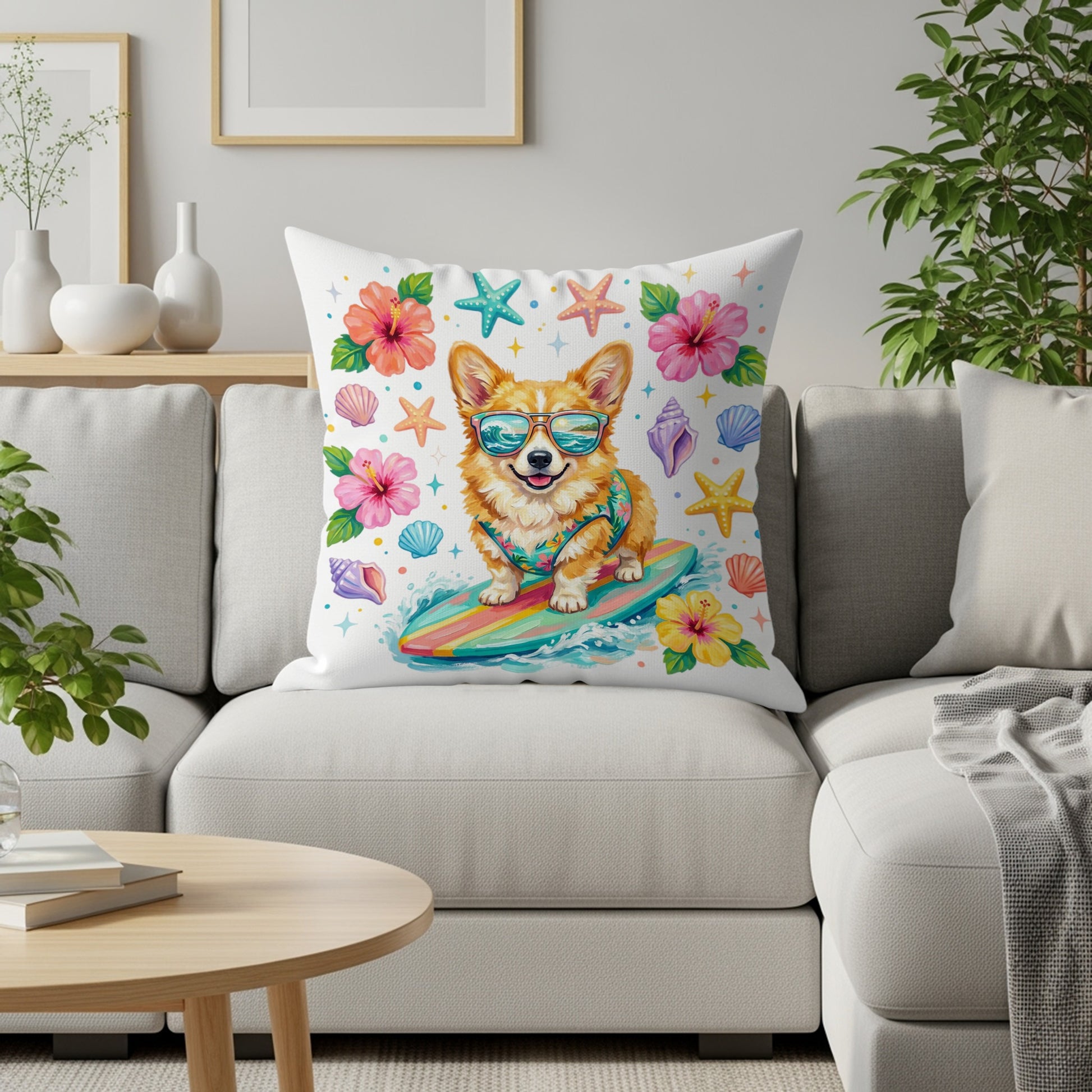 Corgi wearing sunglasses surfs on rainbow wave surrounded by seashells and hibiscus flowers.