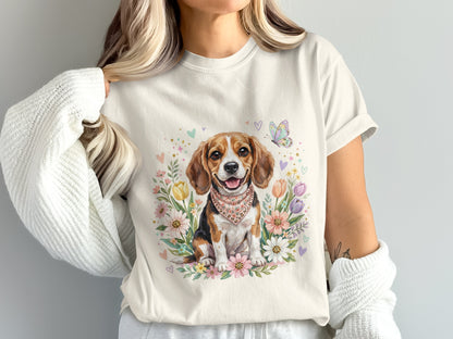 Beagle wearing bandana surrounded by pastel flowers and hearts.