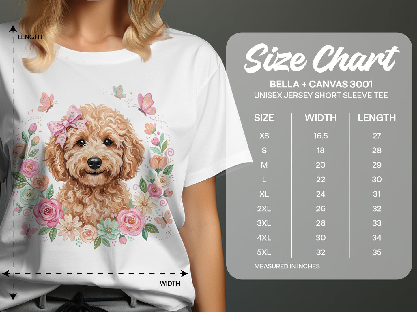 White t-shirt with doodle dog and floral graphic, with a size chart.