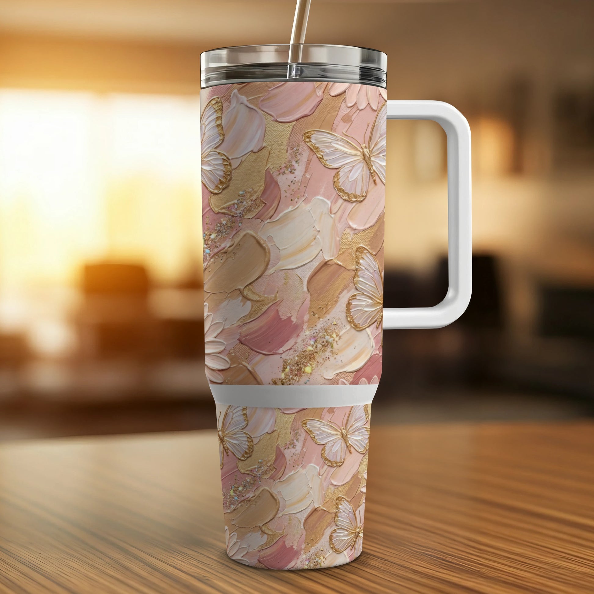 Butterfly tumbler with textured art and glitter, featuring a white handle and straw.