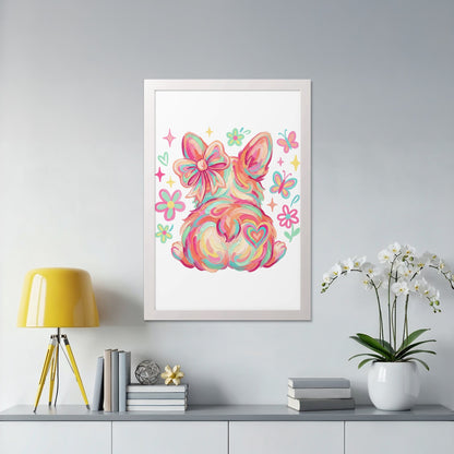 Framed art print of a colorful dog's rear with a bow and butterflies.