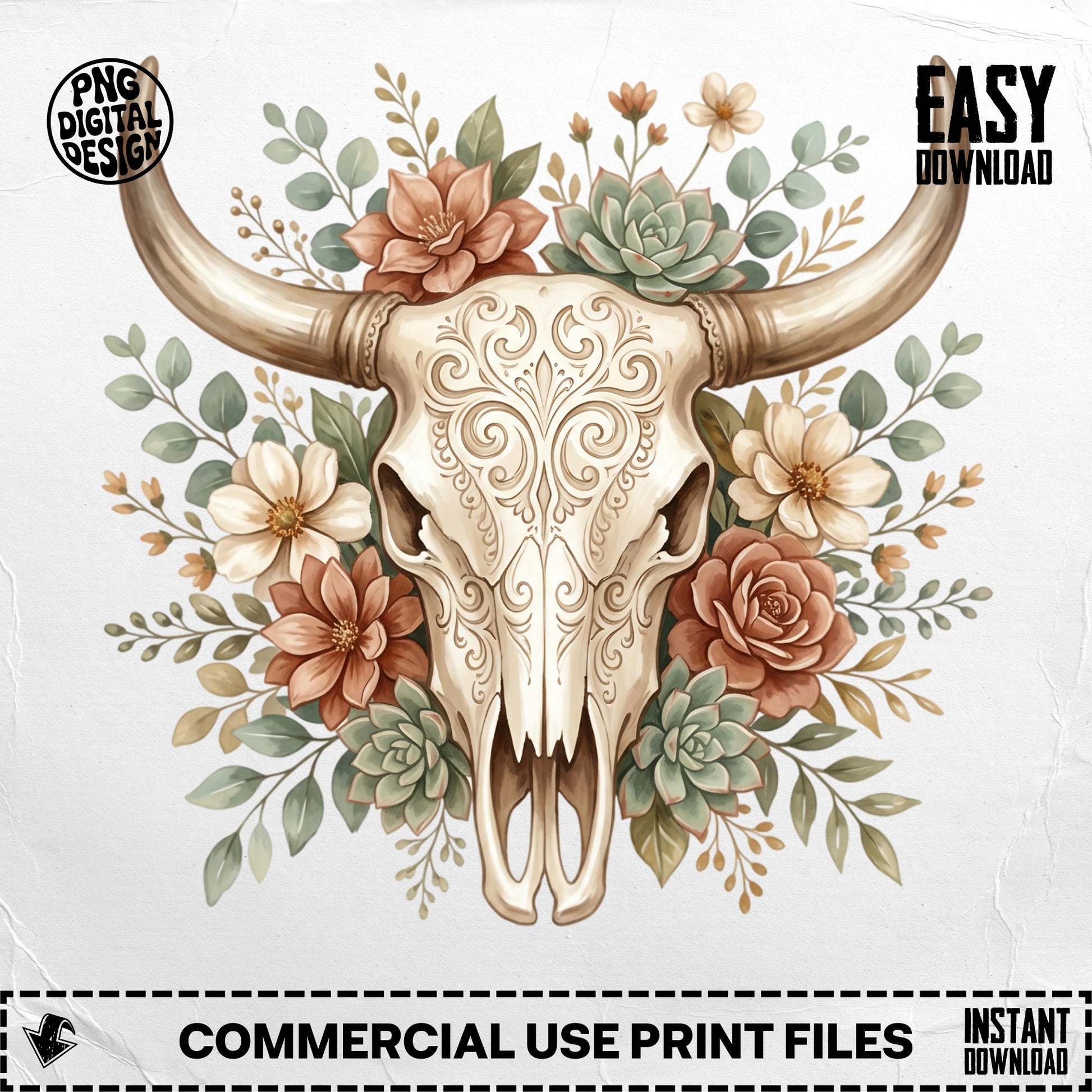 Ornate steer skull with floral arrangement, "PNG DIGITAL DESIGN" and "EASY DOWNLOAD" text.