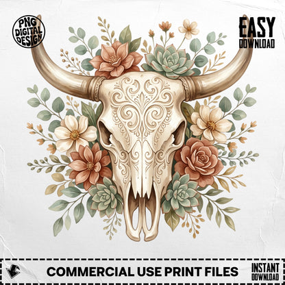 Ornate steer skull with floral arrangement, "PNG DIGITAL DESIGN" and "EASY DOWNLOAD" text.