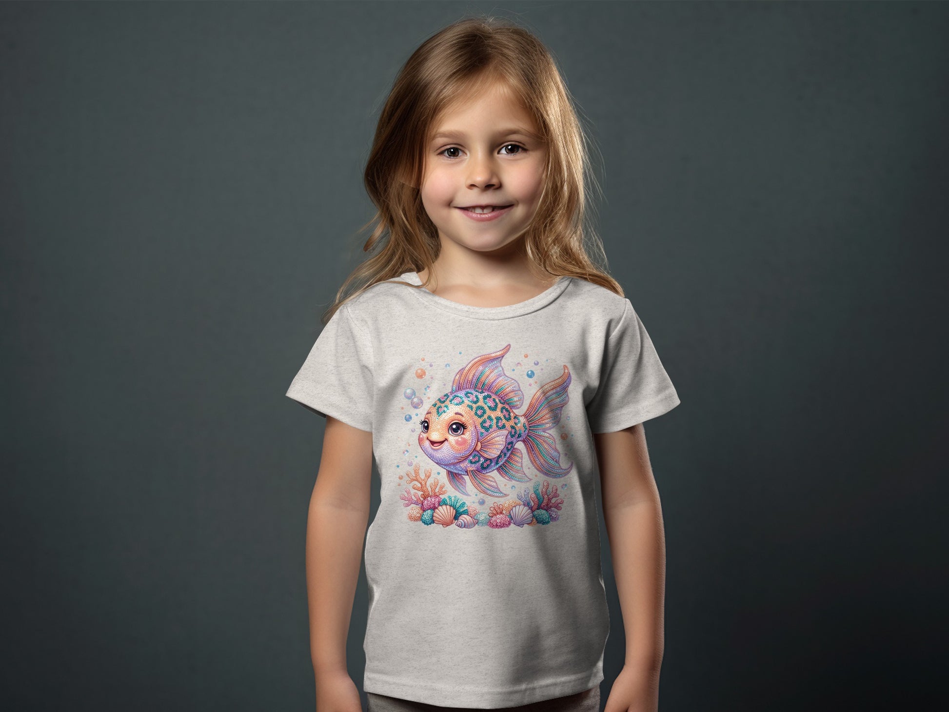 T-shirt with smiling cartoon goldfish and colorful shells design.