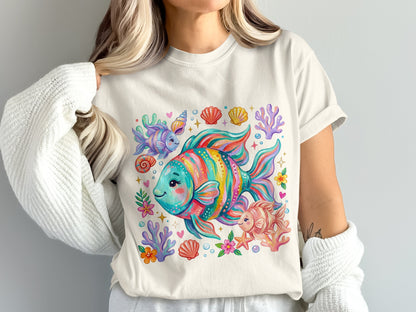 T-shirt with a colorful, cartoon-style fish, coral, and seashells.