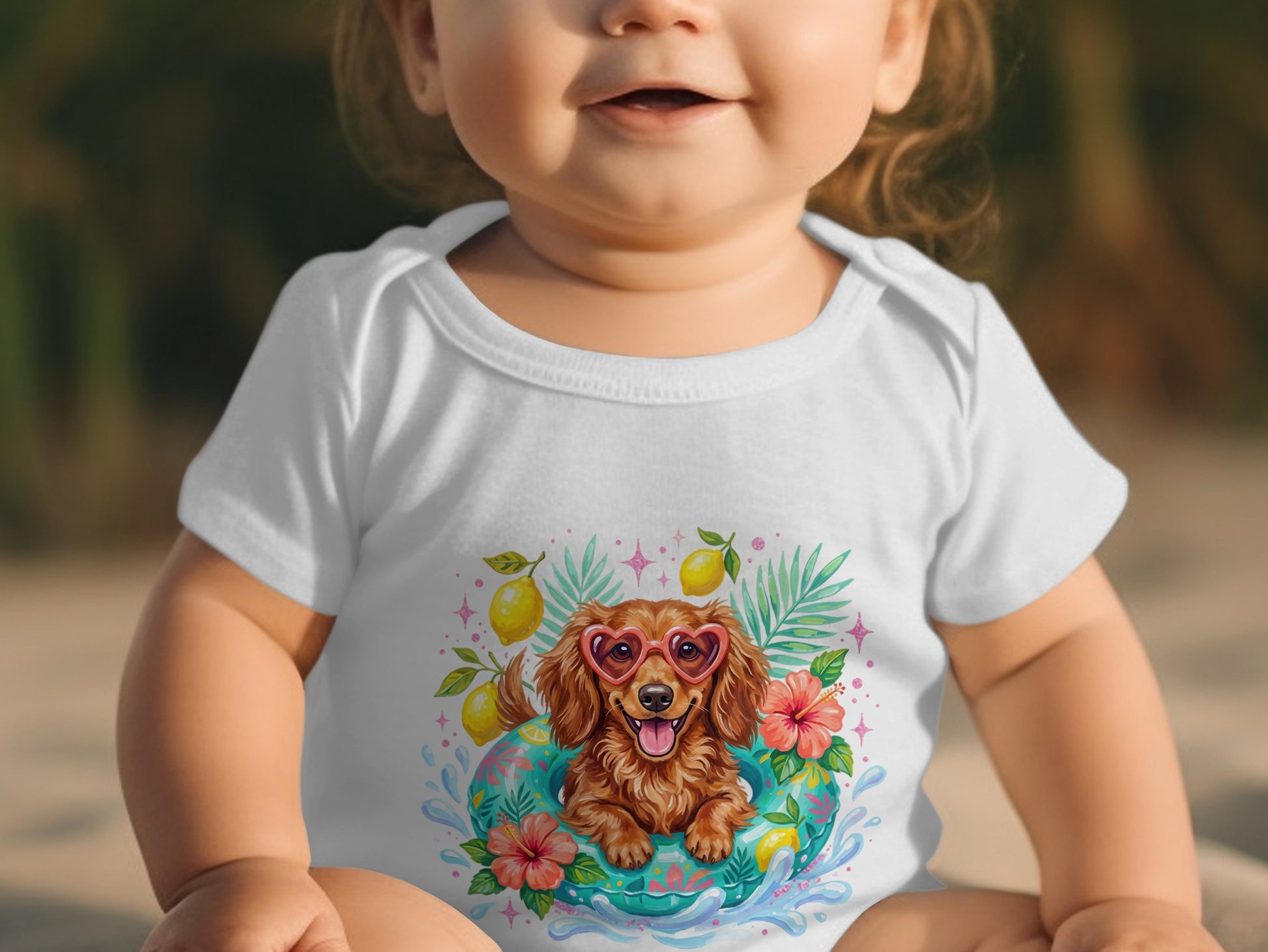 Baby in a white bodysuit with a dachshund in sunglasses on a float graphic.