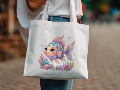 White tote bag featuring a colorful, cartoon goldfish with bubbles and seashells.