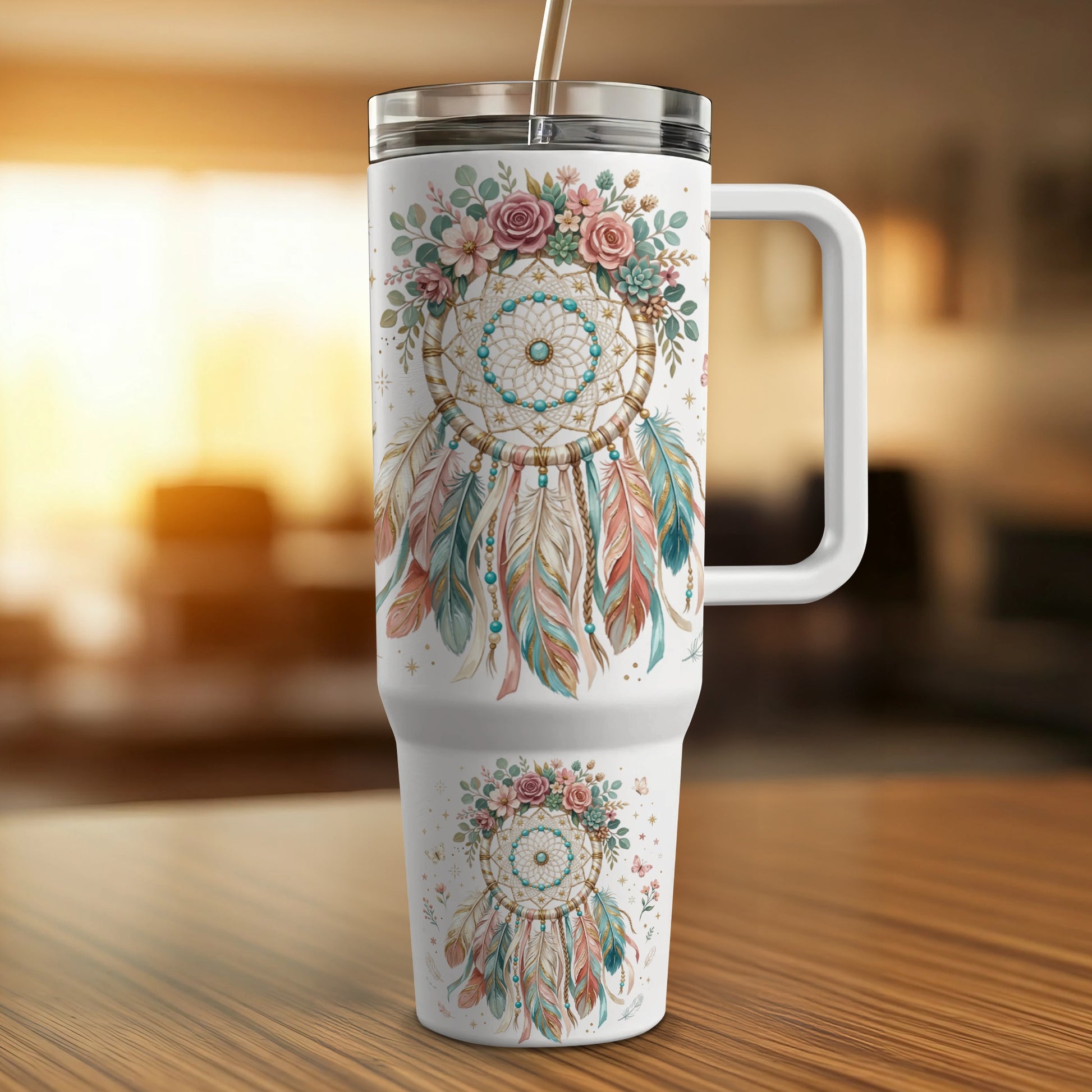 White tumbler with bohemian dreamcatcher and floral design.
