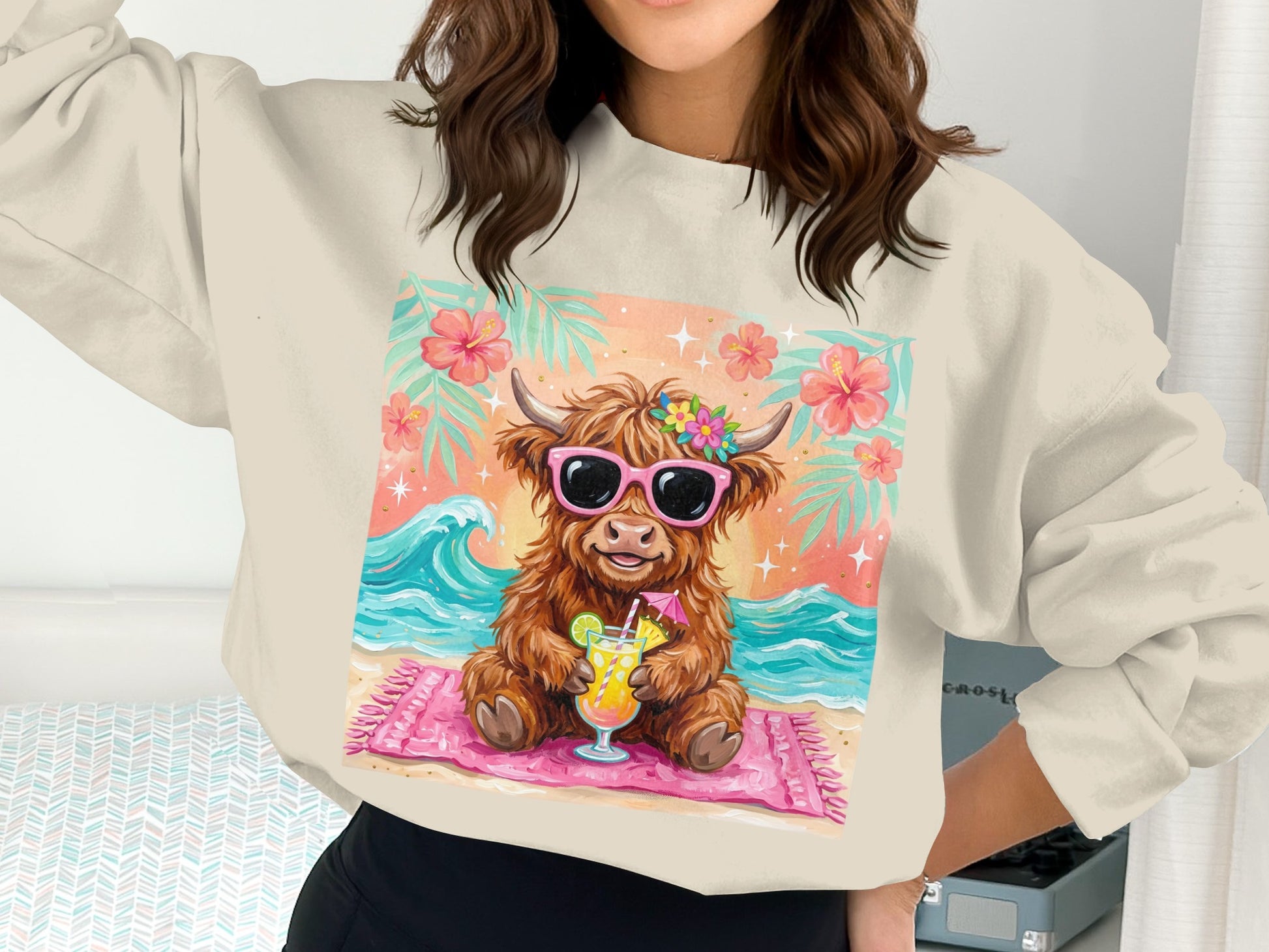 Highland cow wearing sunglasses and holding a tropical drink on a beach.