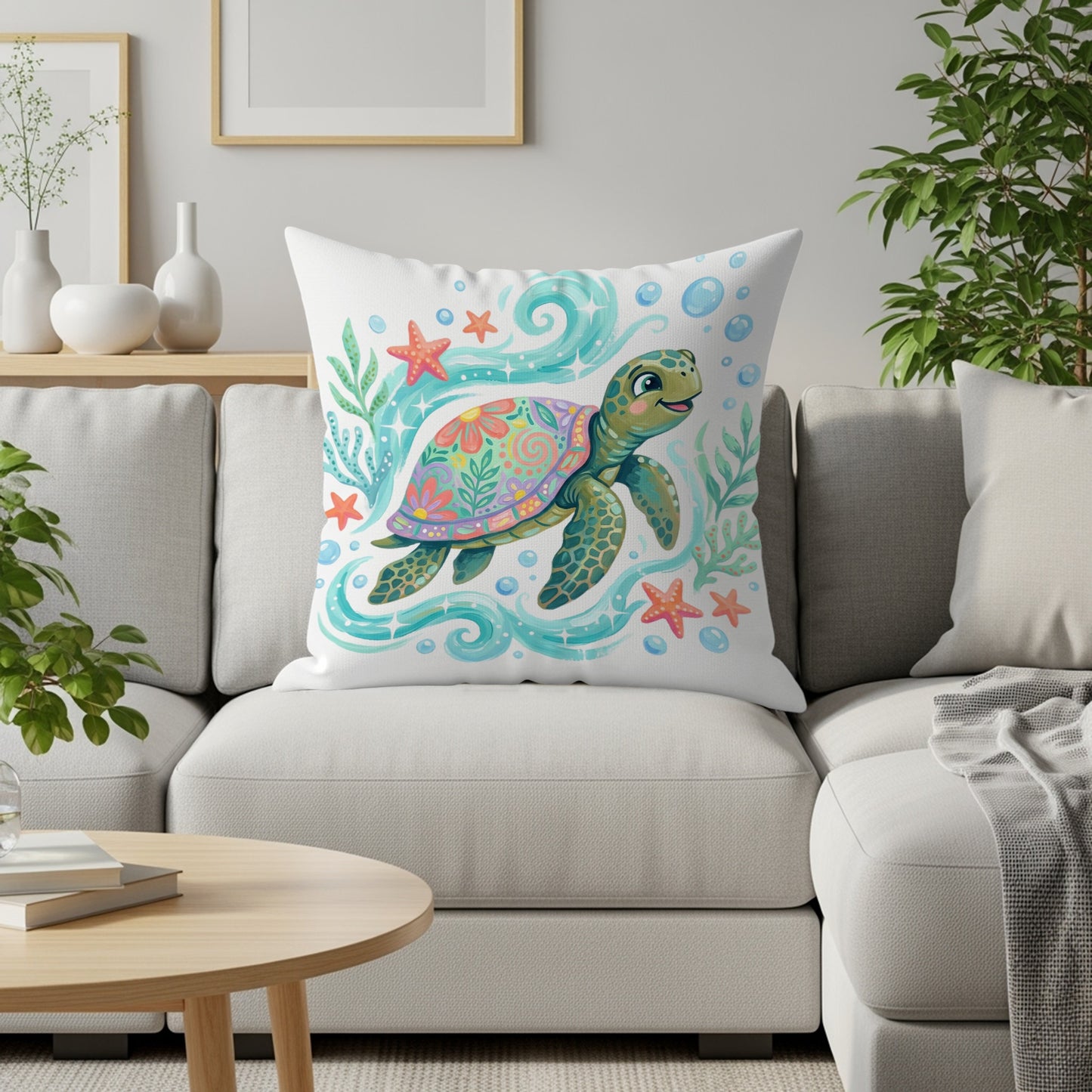 Colorful sea turtle with stars and bubbles on a decorative pillow.