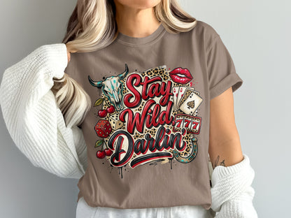 T-shirt with "Stay Wild Darlin'" text, bull skull, cherries, dice, and playing cards.