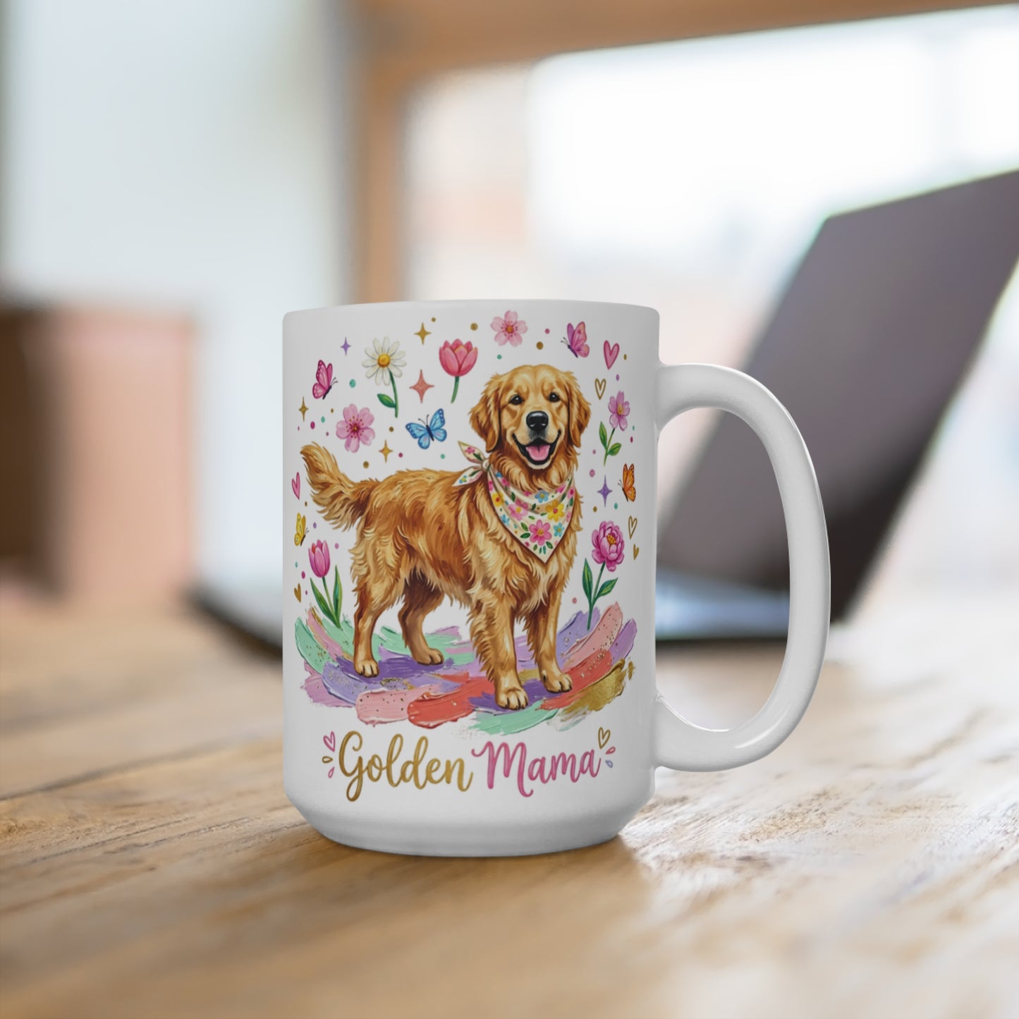 Golden Retriever dog wearing bandana on floral background with "Golden Mama" text.