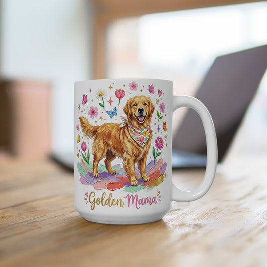 Golden Retriever dog wearing bandana on floral background with "Golden Mama" text.