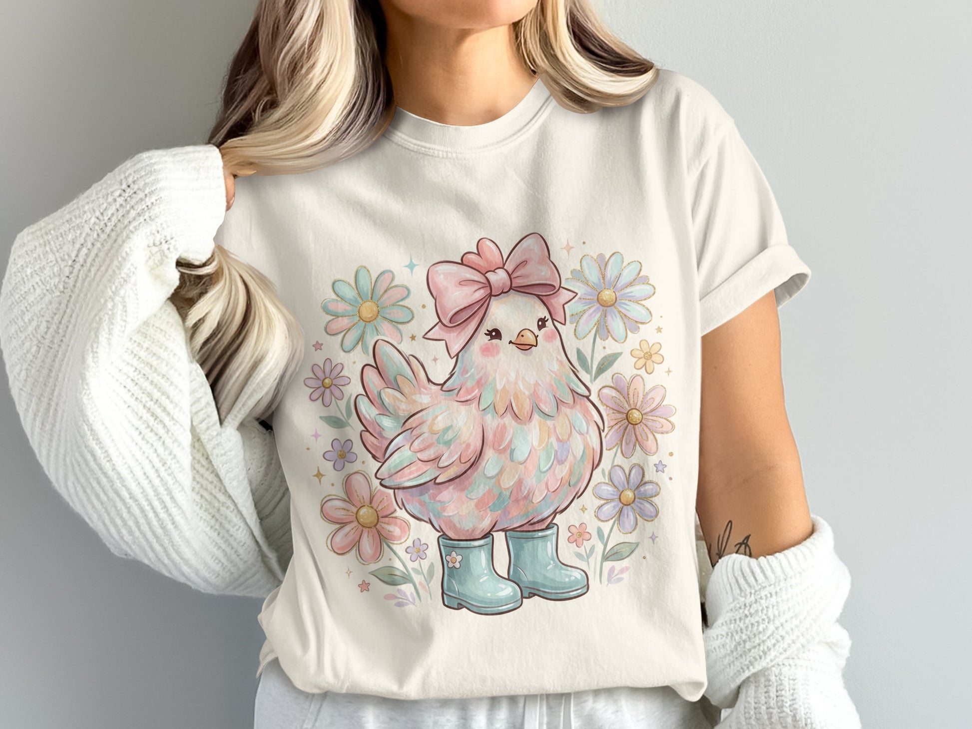 Cute chicken with pink bow and blue boots surrounded by pastel flowers.
