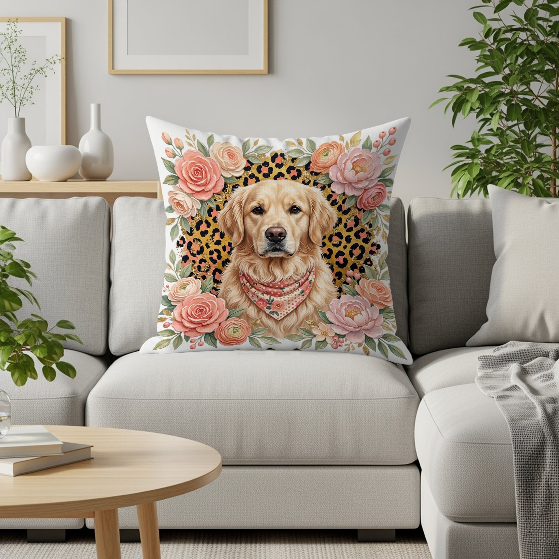 Golden retriever wearing a bandana on a floral and leopard print pillow.