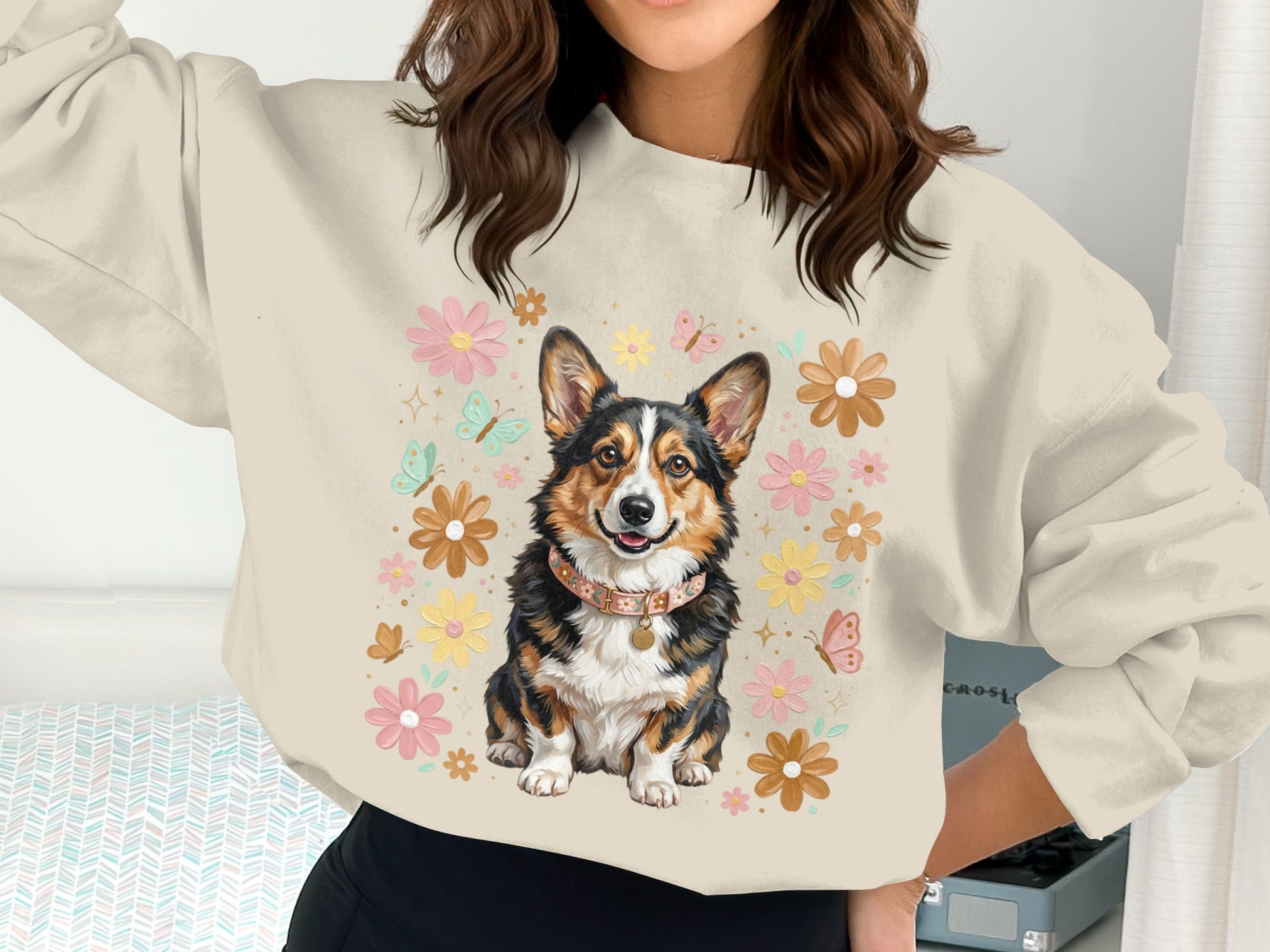Corgi wearing a floral collar surrounded by flowers and butterflies.