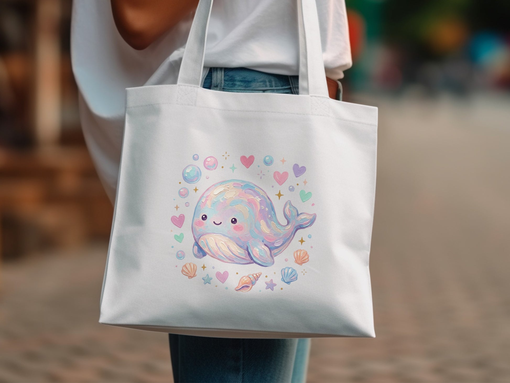 White tote bag with a cartoon whale, shells, and hearts design.