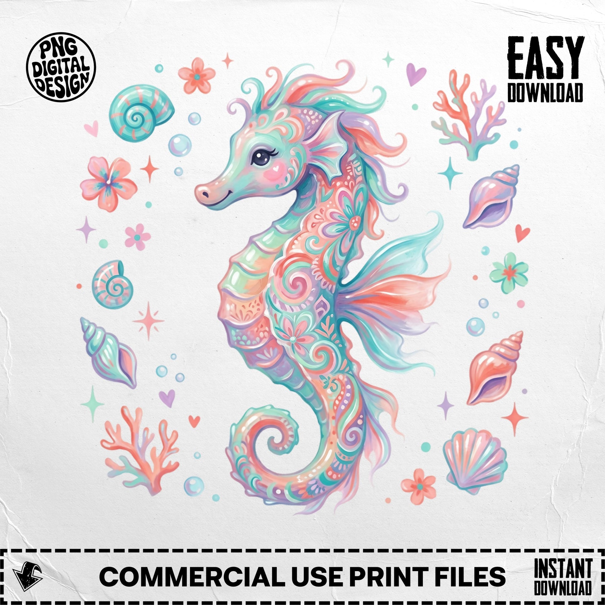 Ornate seahorse with shells and flowers, colorful.