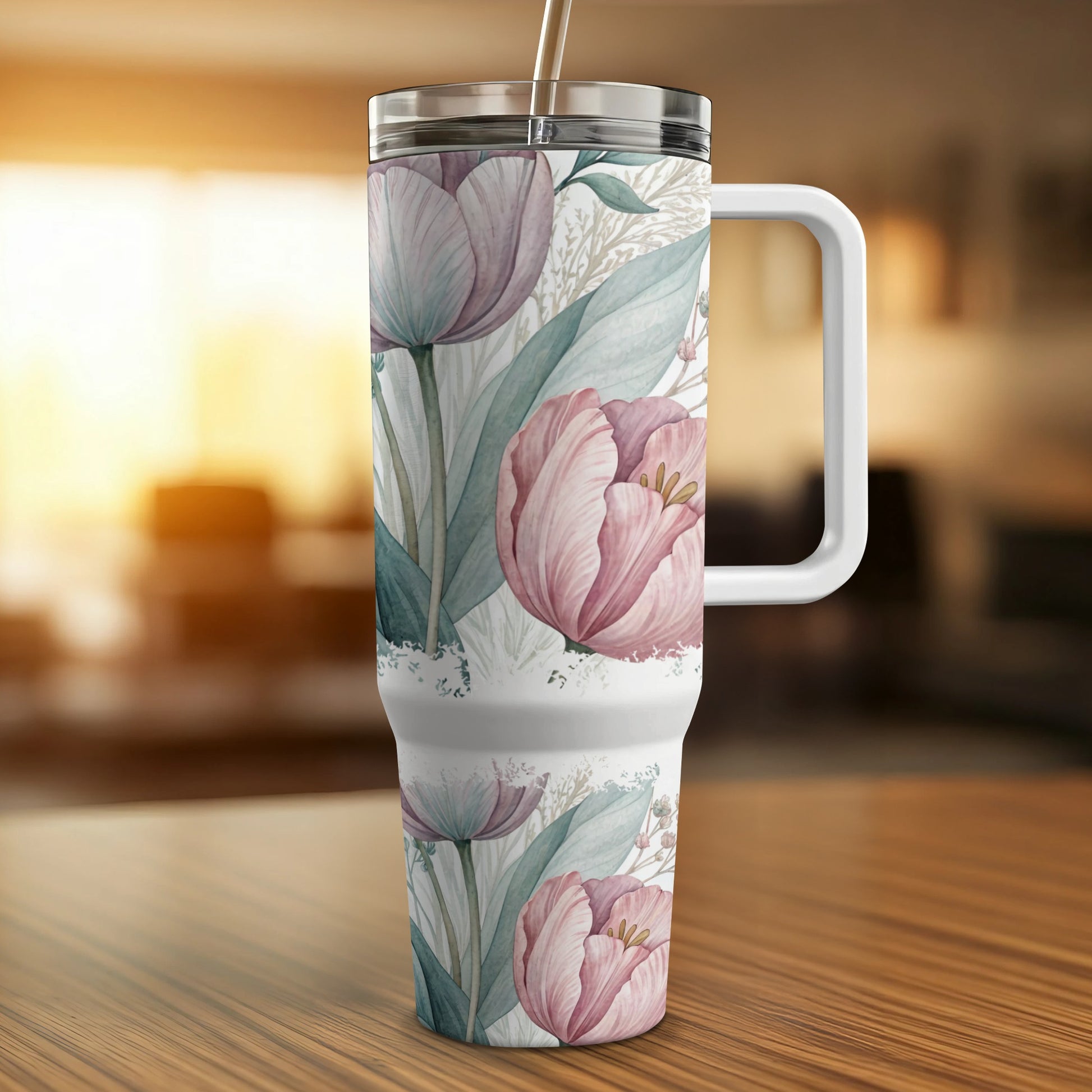 Tumbler with pink and purple watercolor tulips and leaves.