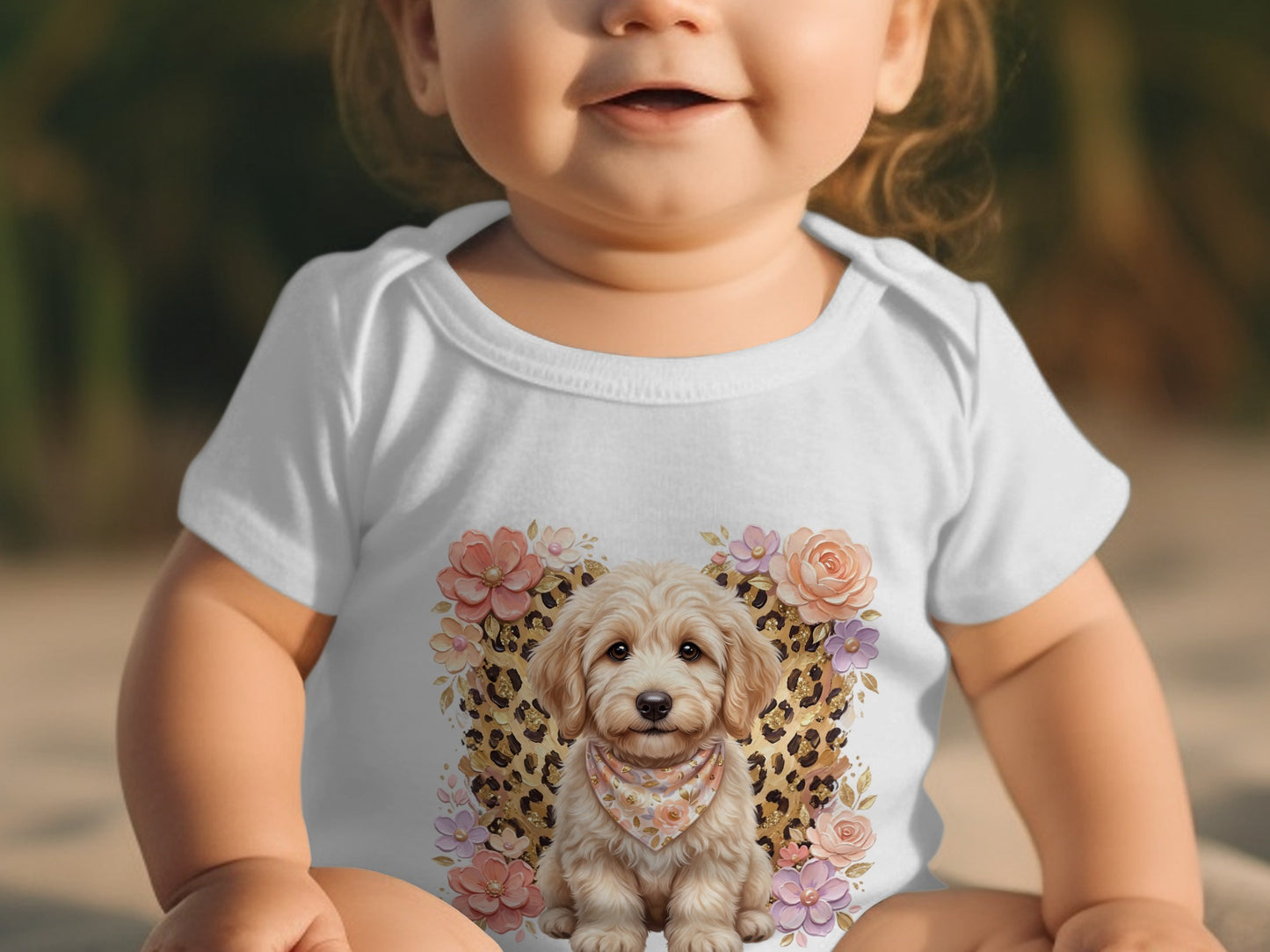 White baby onesie with a fluffy dog and floral heart design.