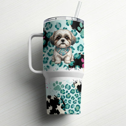 Shih Tzu dog on teal leopard and cow print tumbler with handle and straw.