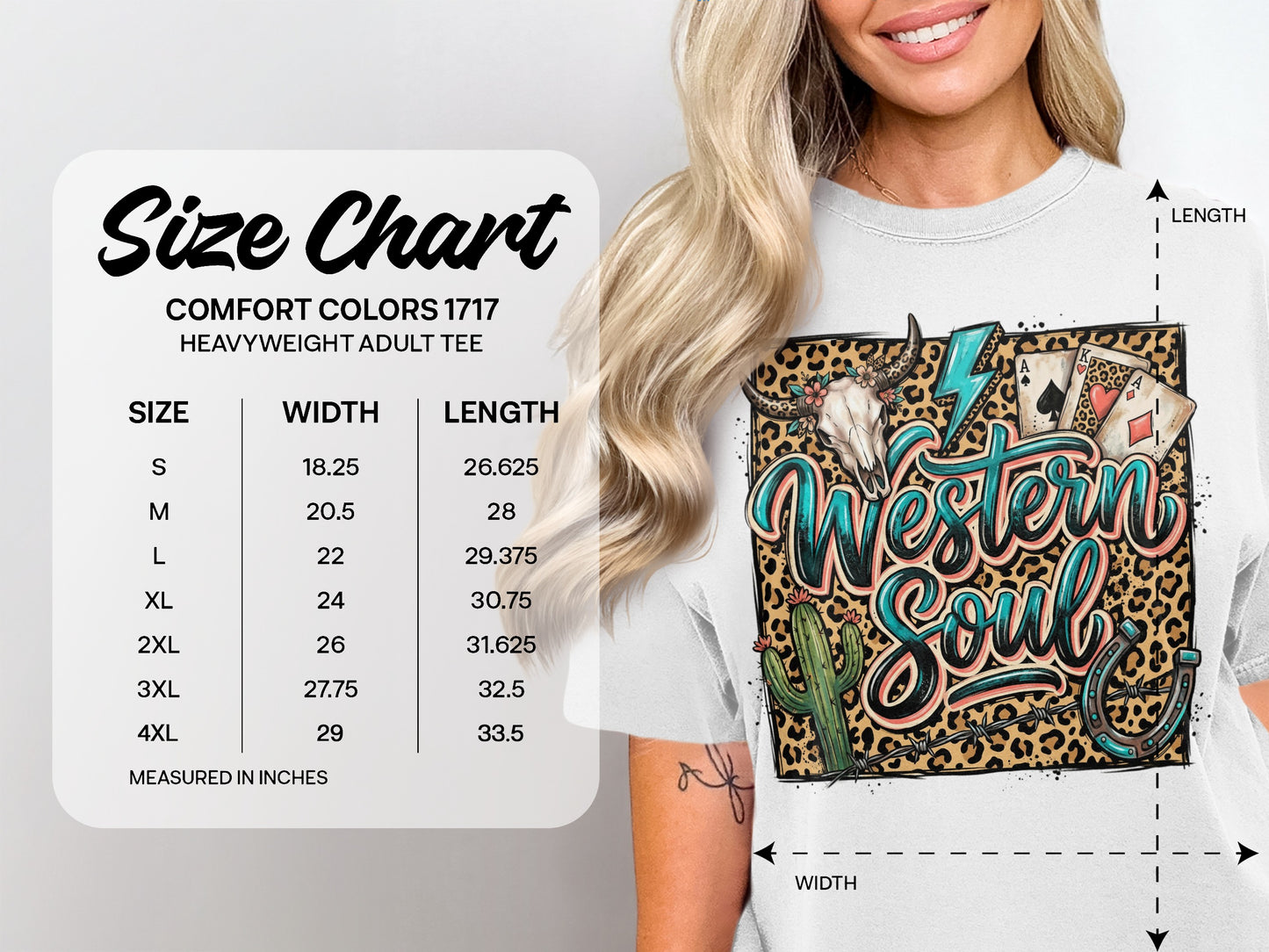 Size chart for Comfort Colors 1717 heavyweight adult tee, with measurements.