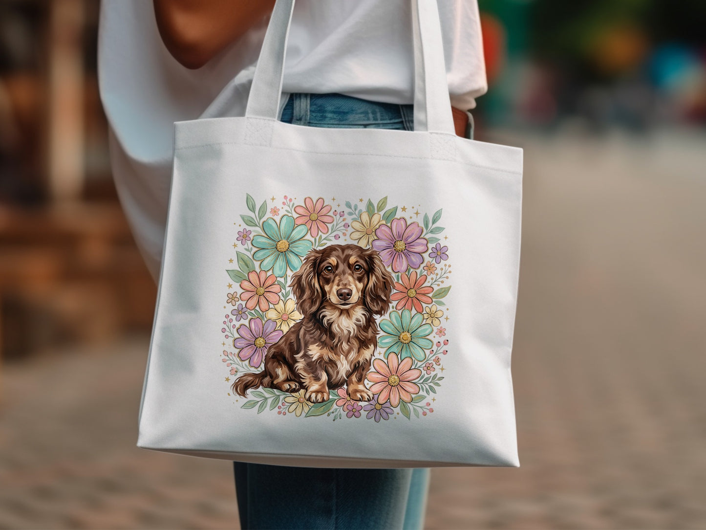 Dachshund on a floral background on a white tote bag.