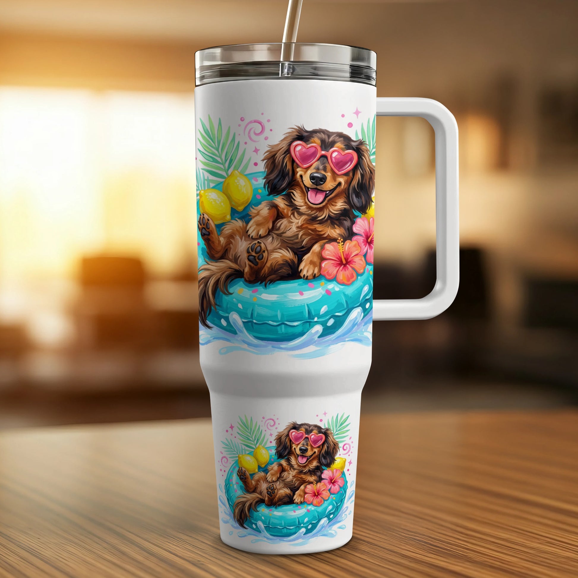 Travel tumbler with playful dachshunds in sunglasses on inner tubes.