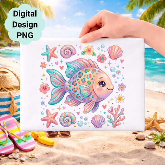 Colorful cartoon fish with seashells, flowers, and starfish on beach background.
