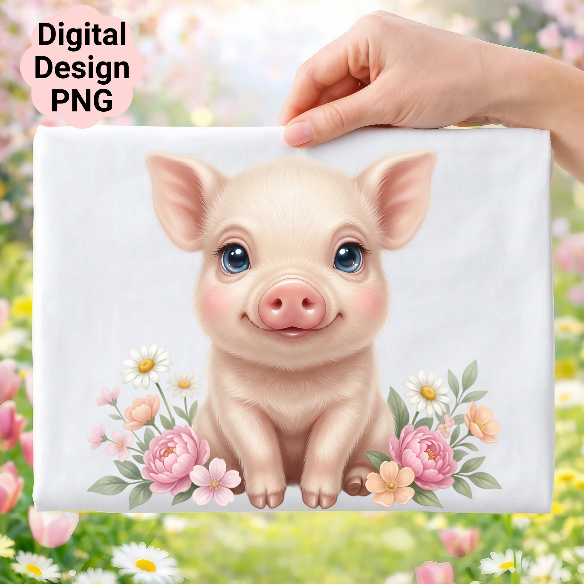 Cute piglet illustration with flowers, "Digital Design PNG" text.