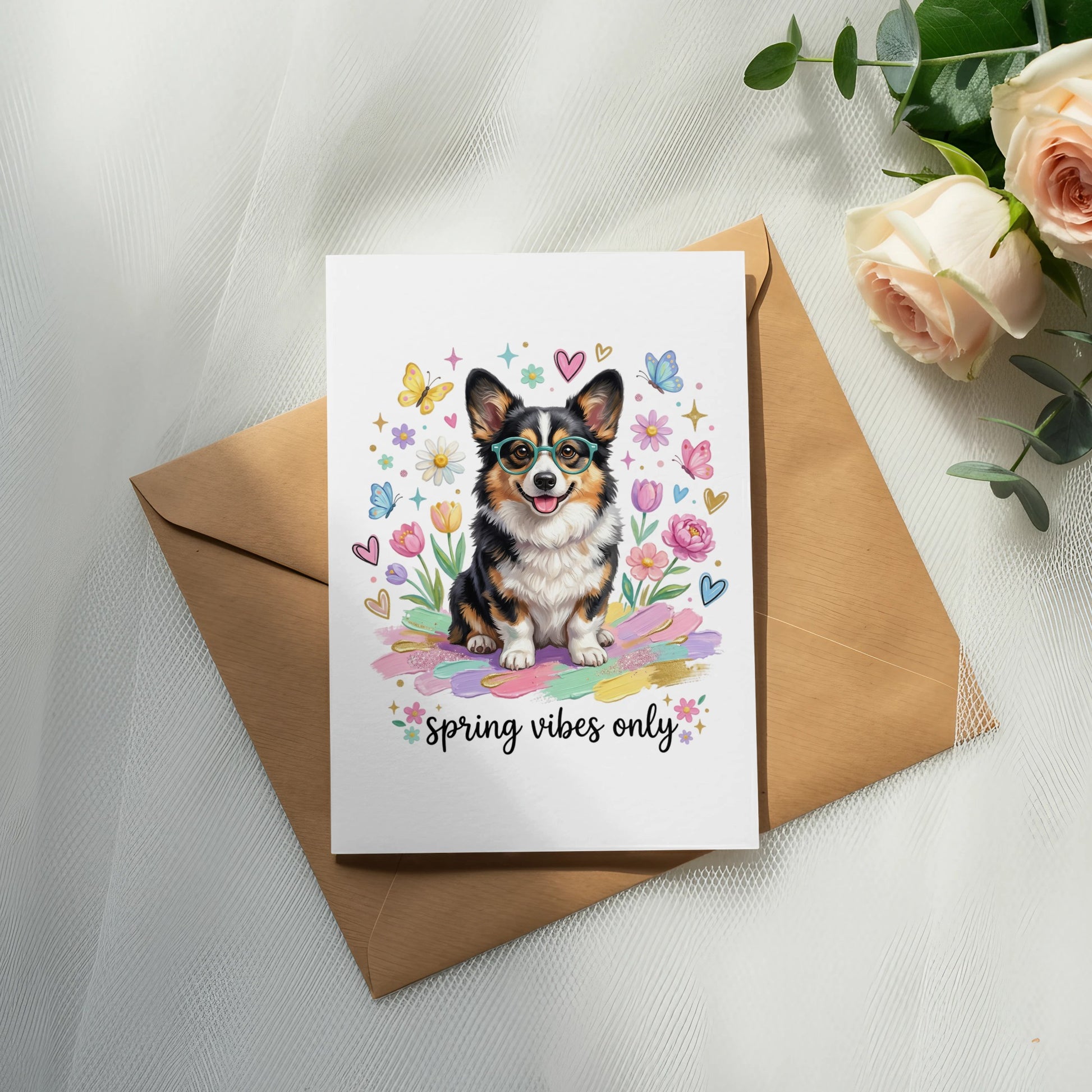 Corgi wearing glasses surrounded by flowers and butterflies with "spring vibes only" text.