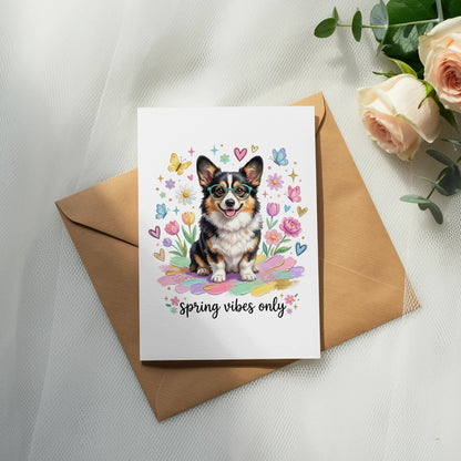 Corgi wearing glasses surrounded by flowers and butterflies with "spring vibes only" text.