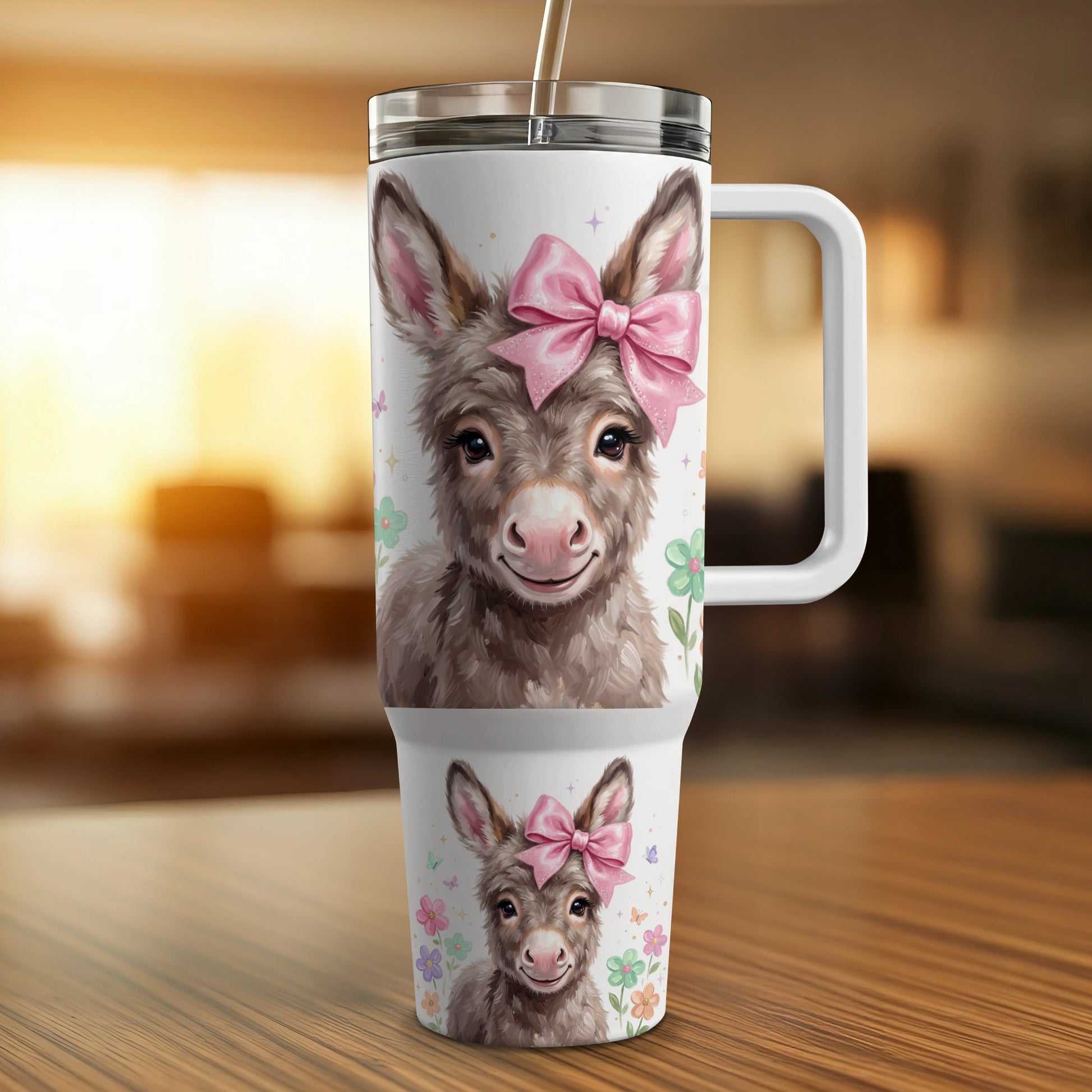 White tumbler with a cute donkey and pink bow, blurred background.