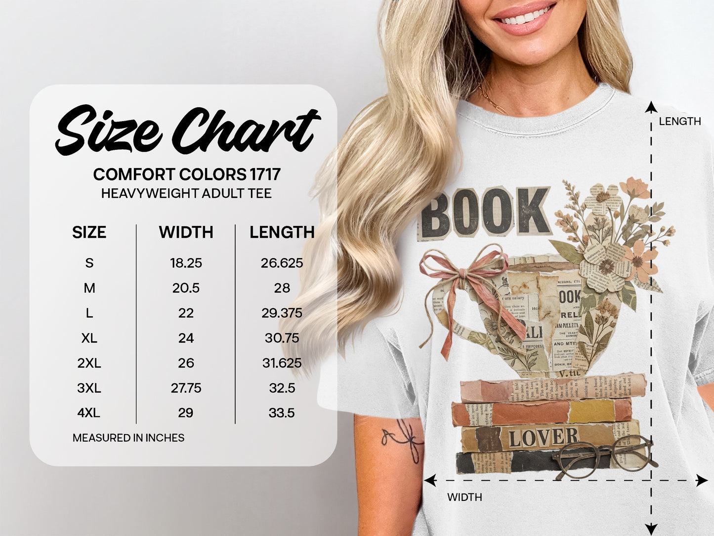 Size chart for a Comfort Colors 1717 heavyweight adult tee with shirt graphic.