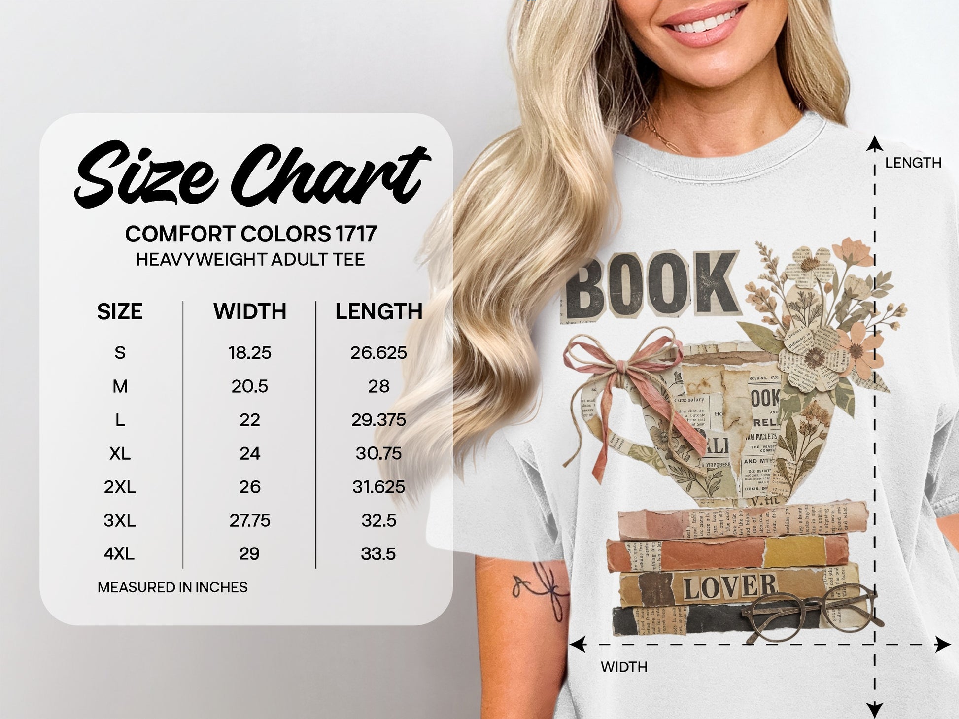 Size chart for a Comfort Colors 1717 heavyweight adult tee with shirt graphic.