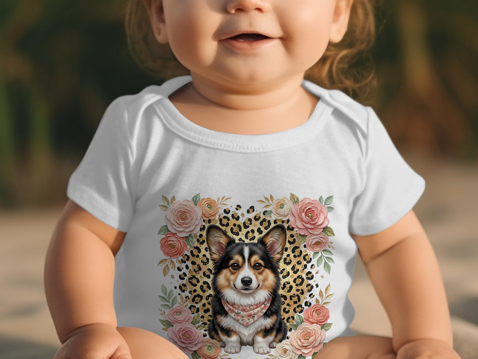 Baby in white bodysuit with corgi and floral print.